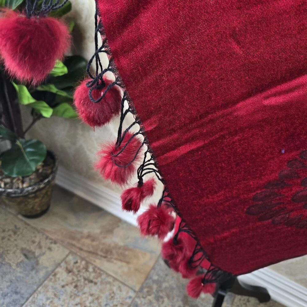 Red and Black Patterned Pashmina Real Fur PomPom Accents at Ends Cozy Warm